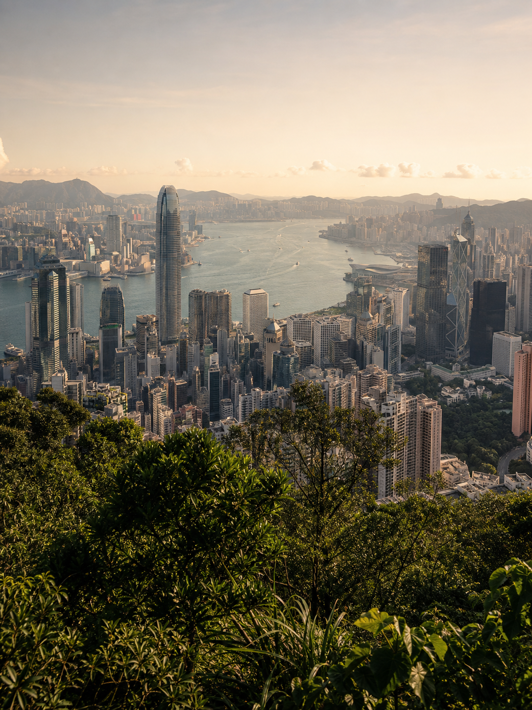 An architectural illustration of Hong Kong’s Victoria Harbour and surrounding green hills